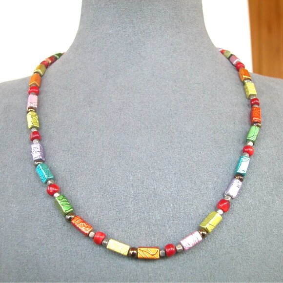Colorful Beaded Necklace With Large Turquoise Bead Accent 16" - Picture 4 of 5
